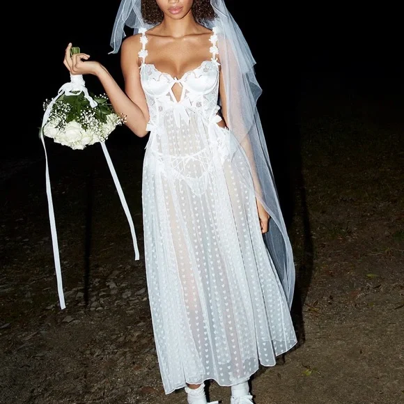 For Love and Lemons White Sheer Heart-Pattern Long Slip x Victoria Secret - Picture 4 of 4